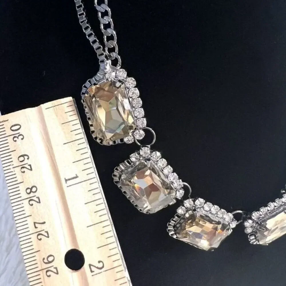 FAUX CITRINE RHINESTONE GLASS SILVER TONE CHOKER DOUBLE CHAIN NECKLACE 16.5